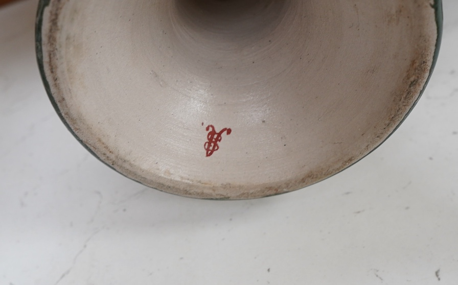 A pair of German stoneware mantel piece garniture vases, monogramed to base, 38cm high. Condition - fair